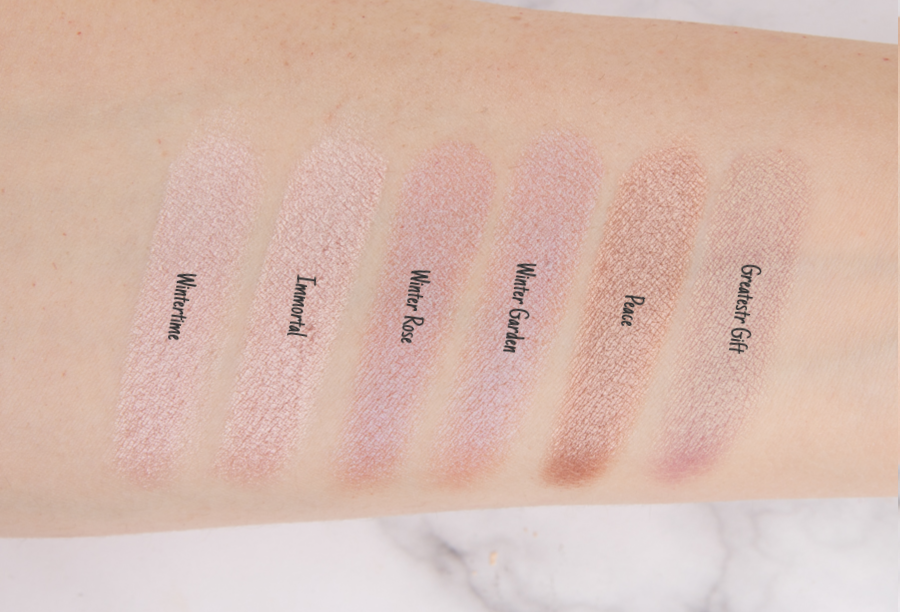 Sydney Grace Pressed Pigment Swatch - Wintertime, Immortal, Winter Rose, Winter Garden, Peace, Greatest Gift