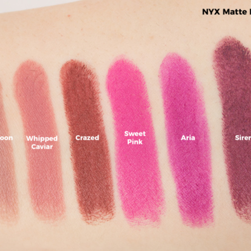 NYX Matte Lipsticks Swatches - Honeymoon, Whipped Caviar, Crazed, Sweet Pin...
